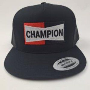 Champion Embroidered Patch Black Flat Bill Trucker Mesh Snapback Cap Hat